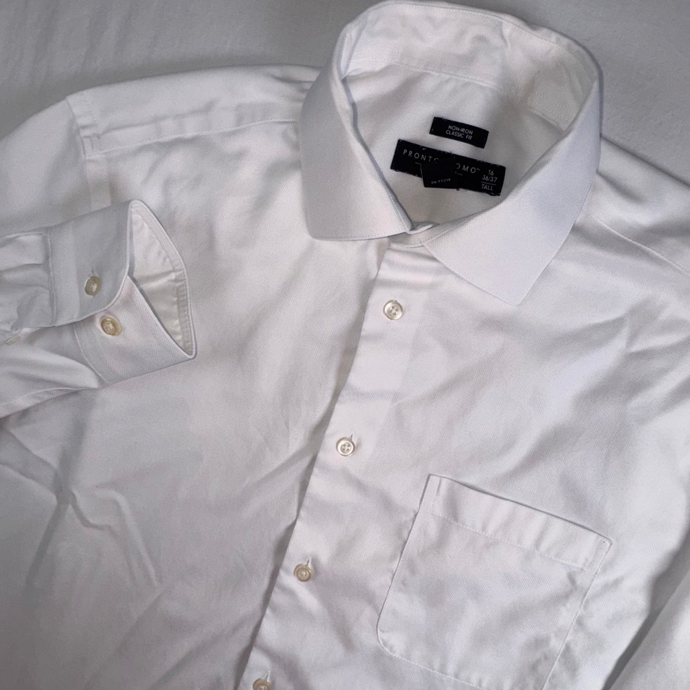 Pronto Uomo Dress Shirt Men 16 36/37 Tall White Non-Iron Classic Fit Cotton